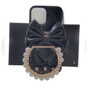 📲Luxury CHANEL Style Black-Gold iPhone 13 Pro-Max Case with Bow & Pearls📱